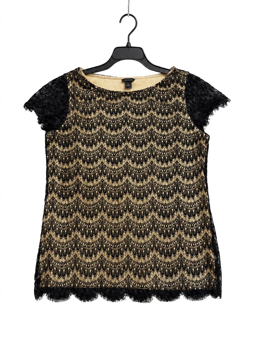 Ann Taylor Blouse Size S - Black & Gold Lace Cap Sleeve Dressy Top - Nude Lining